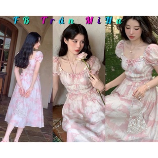 Đầm nữ midi hoa hồng nhún phối bèo