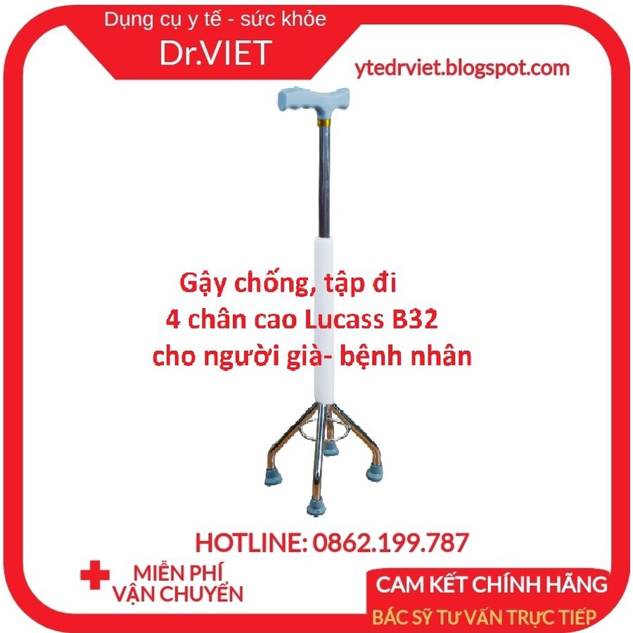 Gậy chống 4 chân cao đế nhọn Lucass B932- Giúp Người già, người lớn tuổi, người bị tai nạn chân, khuyết tật tập đi
