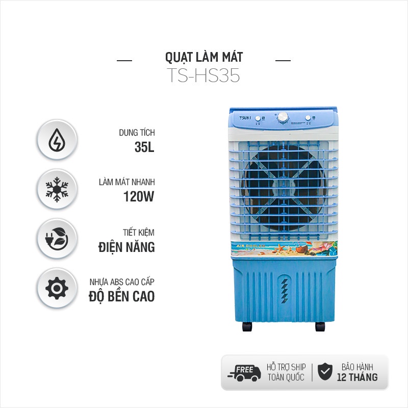 Quạt điều hoà hơi nước 35L TS-HS35 Công suất 120W Khối gió 6000m3 mặt kính siêu mát bảo hành 1 năm toàn quốc