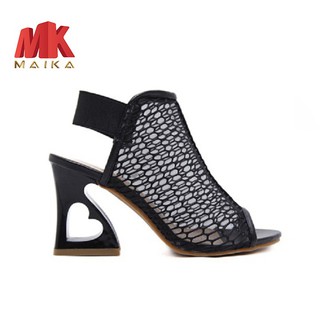 Giày cao gót lưới hở mũi gót vuông cách điệu hình tim MK MAIKA cao 8cm S147 Đen