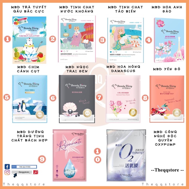 BẢN ĐÀI-Mặt nạ My Beauty Diary Đài Loan miếng lẻ Ngọc Trai Đen, Yến Đỏ, Chim Cánh Cụt, O2, Mèo Taipei, Gấu Bắc Cực