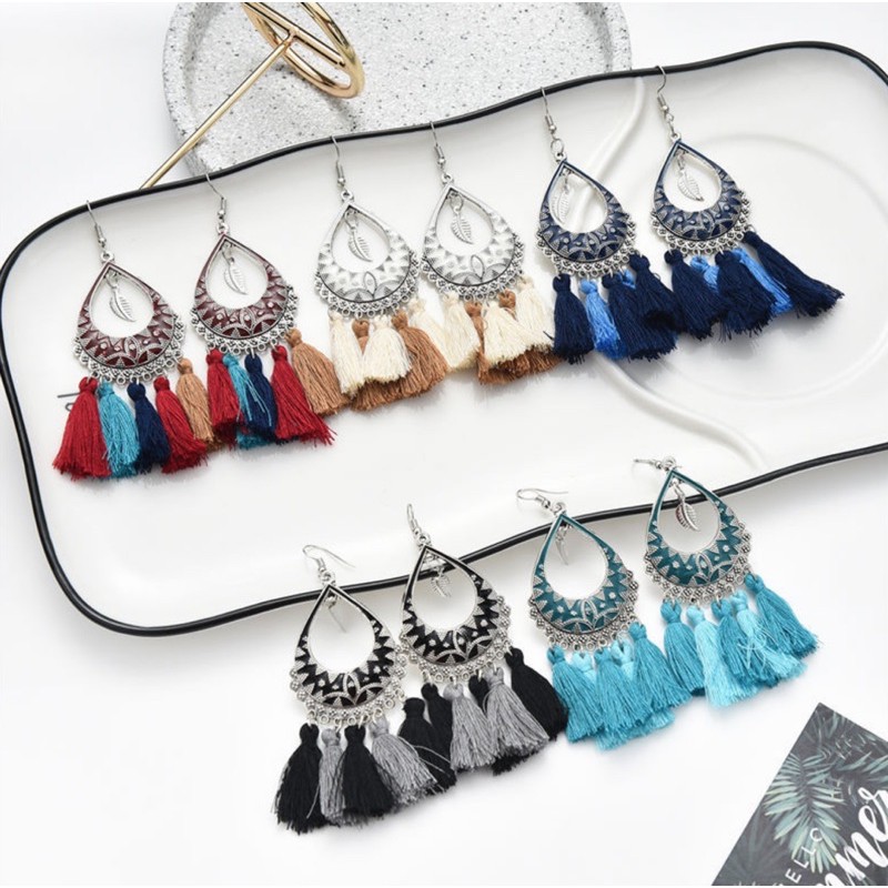 Khuyên tai bông tua rua phong cách bohochic vintage hoạ tiết độc đáo phụ kiện du lịch đi biển bohomian retro Lenvintage