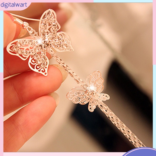 Đôi khuyên tai 2 dây dài hình bướm đính đá quý nhân tạo lấp lánh sang trọng cá tính dành cho nữ