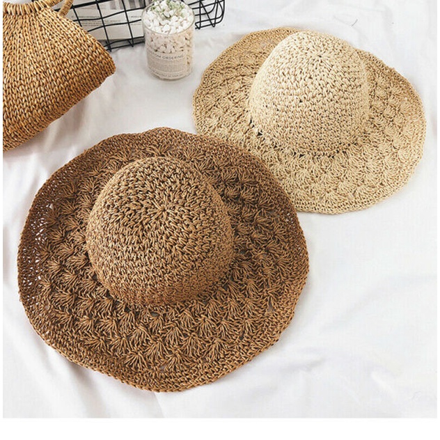 Mũ cói đi biển Vintage - đan móc chân chim và vảy cá
