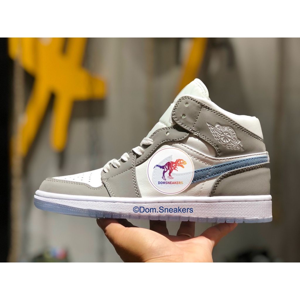 (Full box-bill) Giày thể thao nam nữ cao cổ Nike Air Jordan phối ghi-trắng logo xanh (bản đẹp)