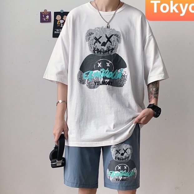 BỘ THỂ THAO NAM NỮ HỌA TIẾT GẤU MA HOẠT HÌNH CUTE, QUẦN ÁO NAM CỘC TAY MẪU MỚI NHẬT BẢN VIP - TOKYO FASHION