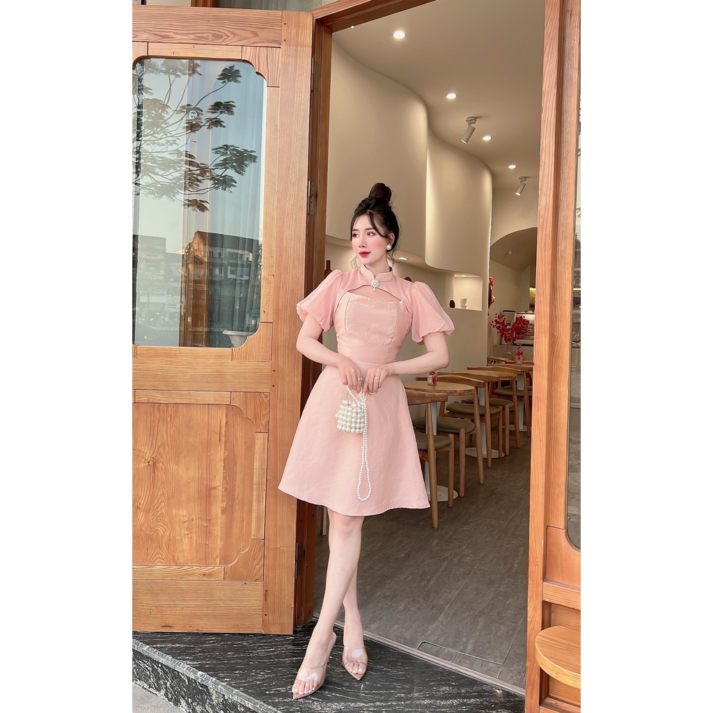 - Váy xòe hoa cổ tàu tay bồng vải tafta tiểu thư ulzzang - K22 - jannahouse