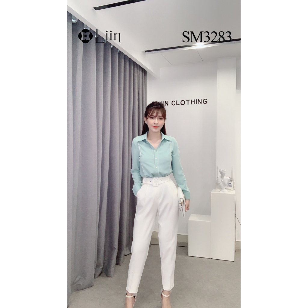 Áo Sơ Mi Xanh nữ trơn họa tiết Bạc Hà chất lụa đẹp form công sở thanh lịch Liin Clothing SM3283