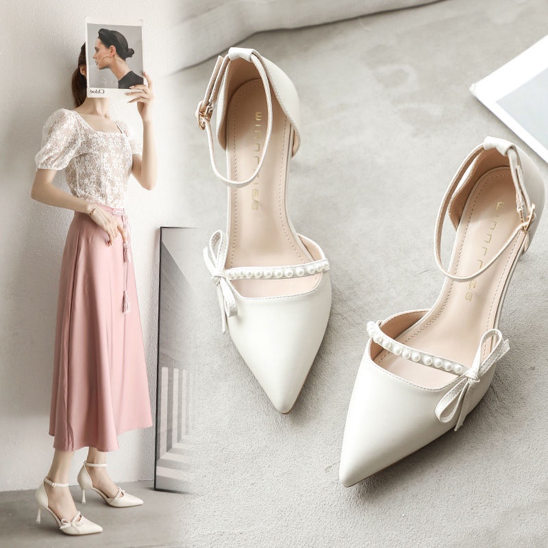 Giày Cao Gót Mũi Nhọn Cài Khóa Thoải Mái Phong Cách Pháp Thời Trang Mùa Hè 2022 Cho Nữ
