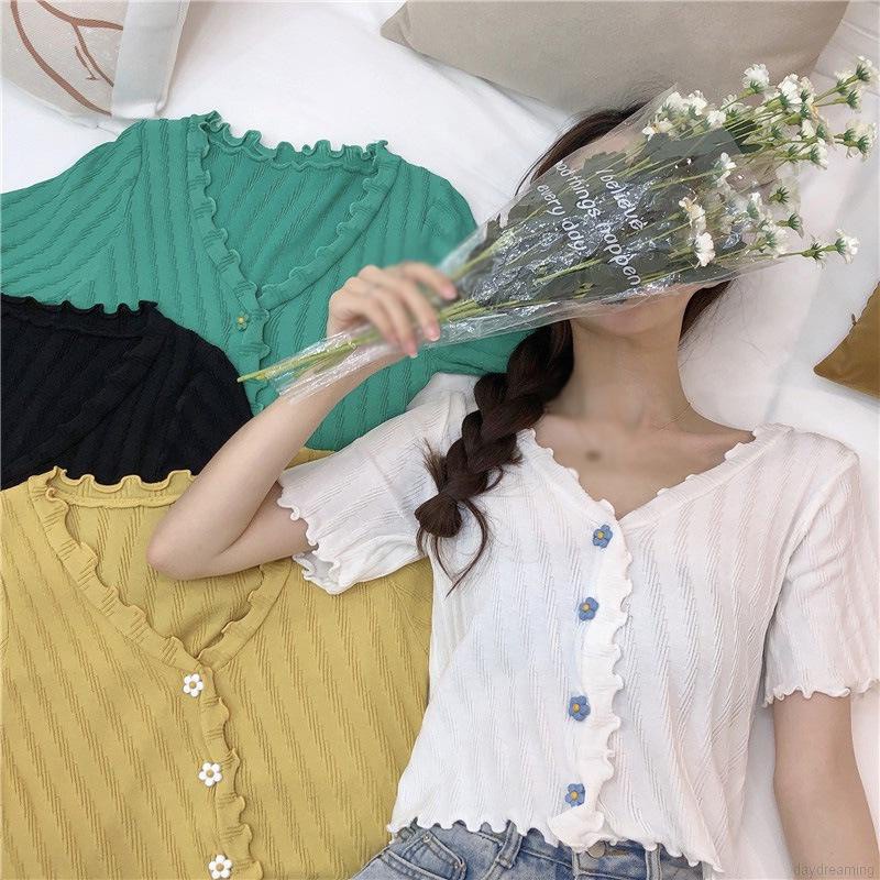 Áo Thun Croptop Dệt Kim Tay Ngắn Cổ Chữ V Màu Trơn Cho Nữ
