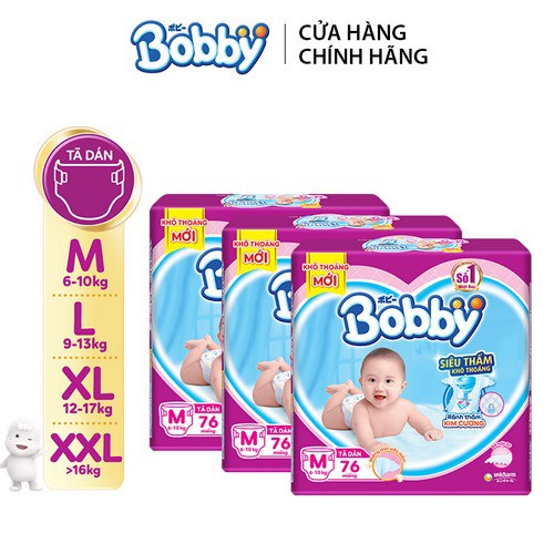 Combo 3 Tã dán Bobby đệm thun thấm mồ hôi đủ size M76/L68/XL62/XXL56