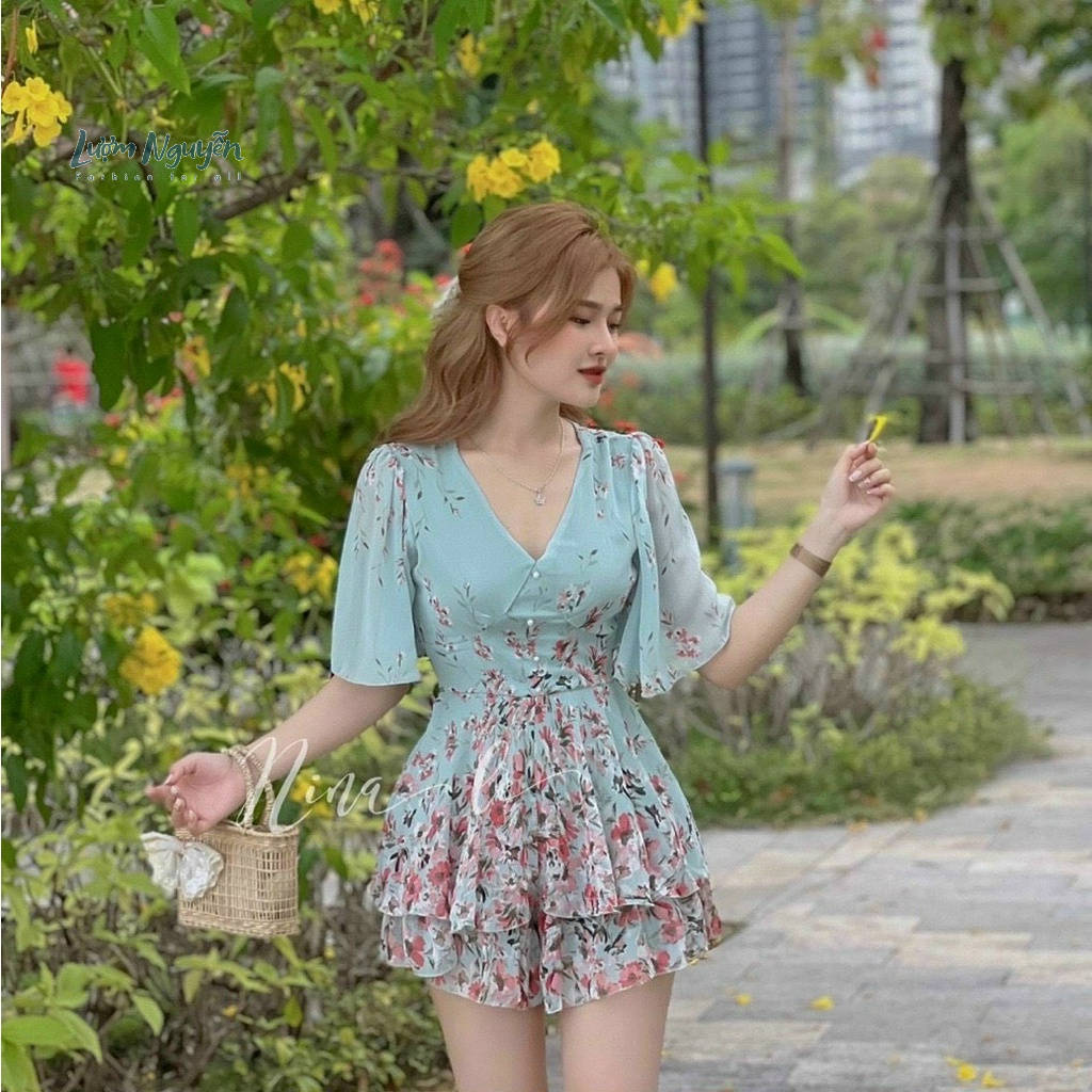 Jum cổ v voan hoa đồ bay dễ thương