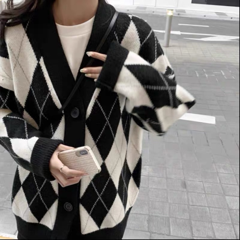 Áo Khoác Cardigan NỈ Nữ Form Rộng Kẻ Caro Kim Cương Hàn Quốc Đen Hồng New