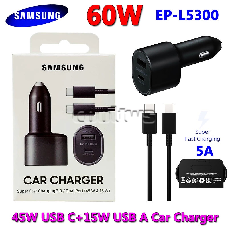 SAMSUNG Tẩu Sạc Nhanh 2 Cổng USB 60W 45W + 15W USB Type C PD S22 S21 S20 S9 Cho Xe Hơi