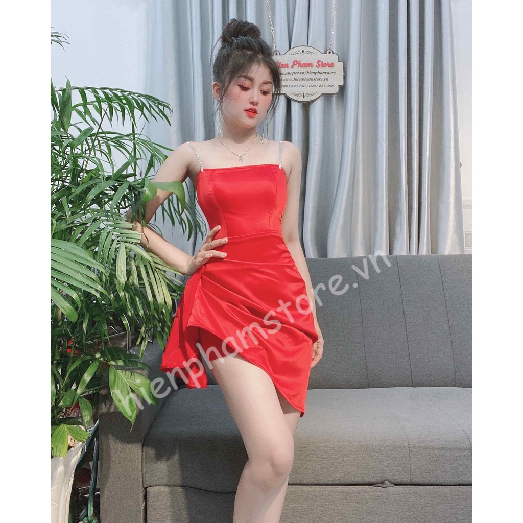 Đầm lụa 2 dây đính đá, bèo rũ xéo tà - DN7553