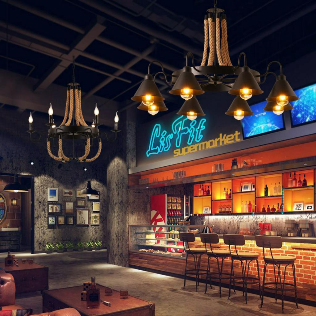 Đèn thả nến dây thừng khung sắt trang trí  SuperVilighting mã NENKHUNGSAT-6-8B treo phòng khách, quán bar, thời trang,