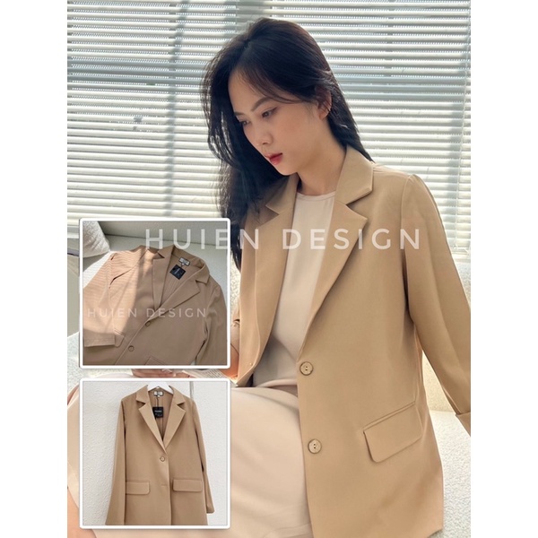 Áo khoác blazer nữ 1 lớp dáng dài Huien Design tone nâu be chất mát, form Hàn Quốc, thời trang công sở nữ thanh lịch