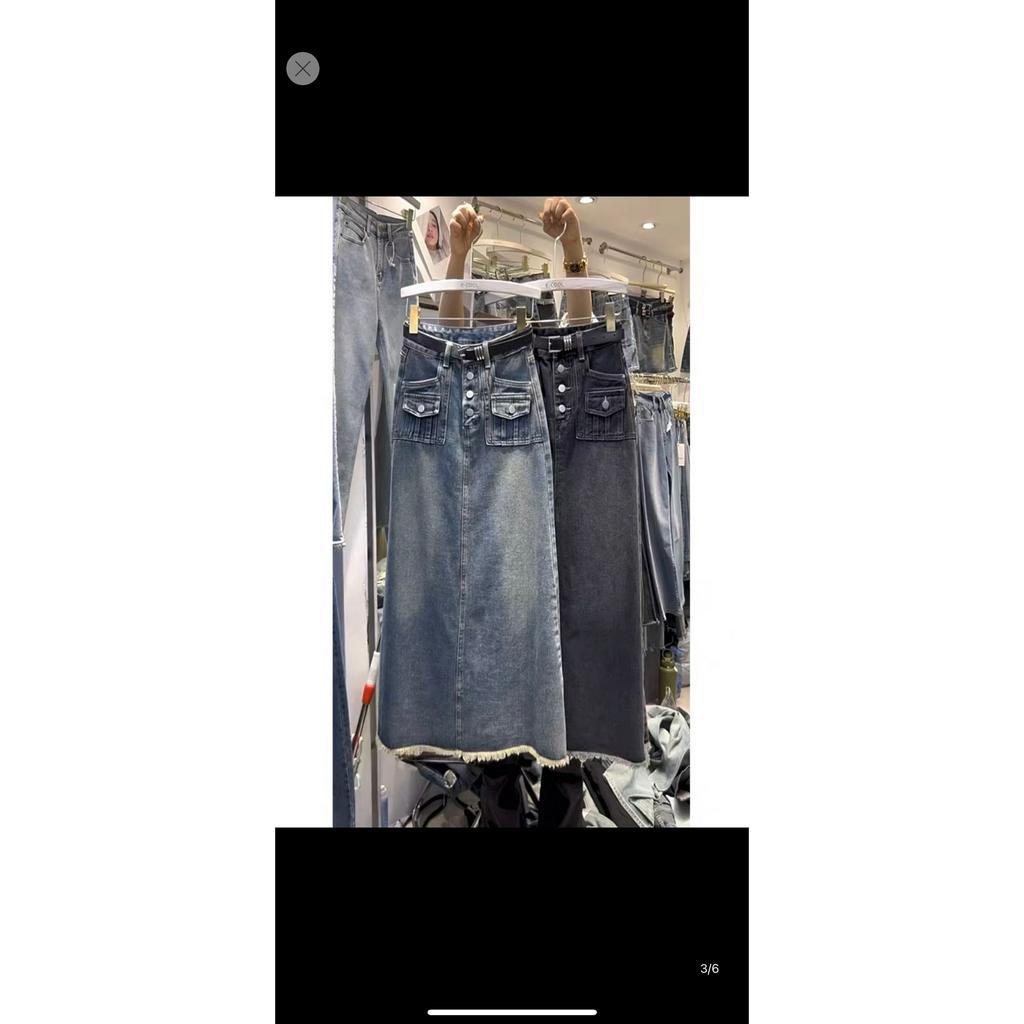 V20 - Chân váy jeans dáng dài bay túi hộp tua rua xẻ sau #7173