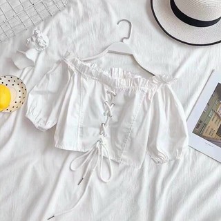 Áo bẹt vai đan dây trước