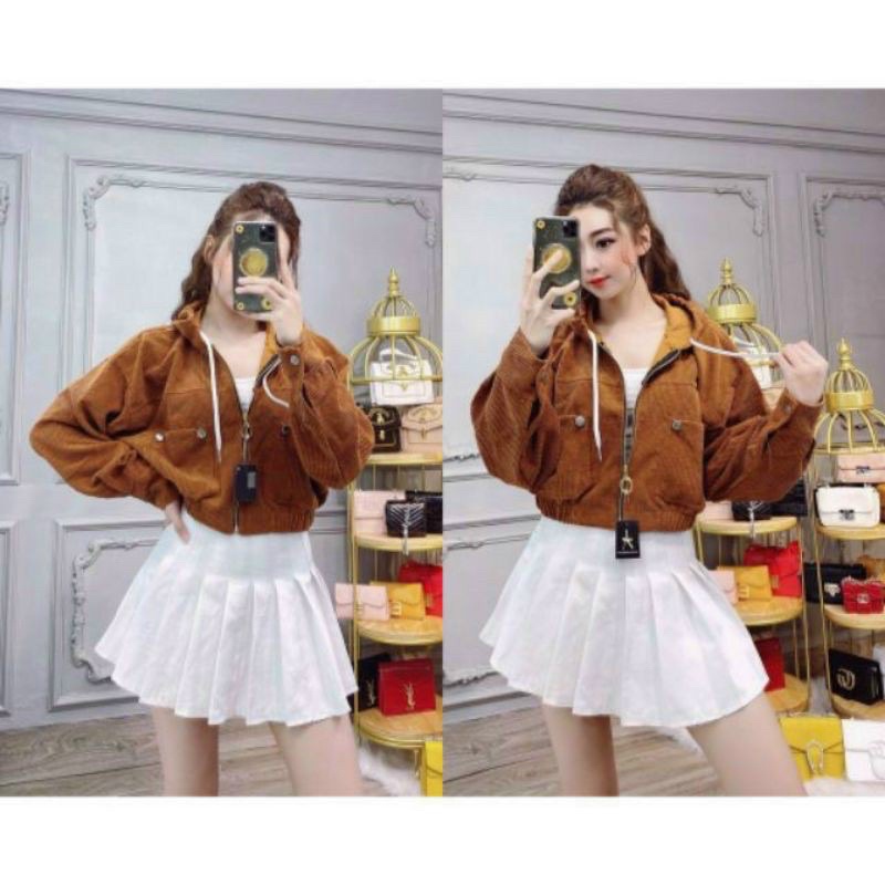 [hàng đẹp]áo khoác nhung gân kiểu bomber phối nón phong cách năng động