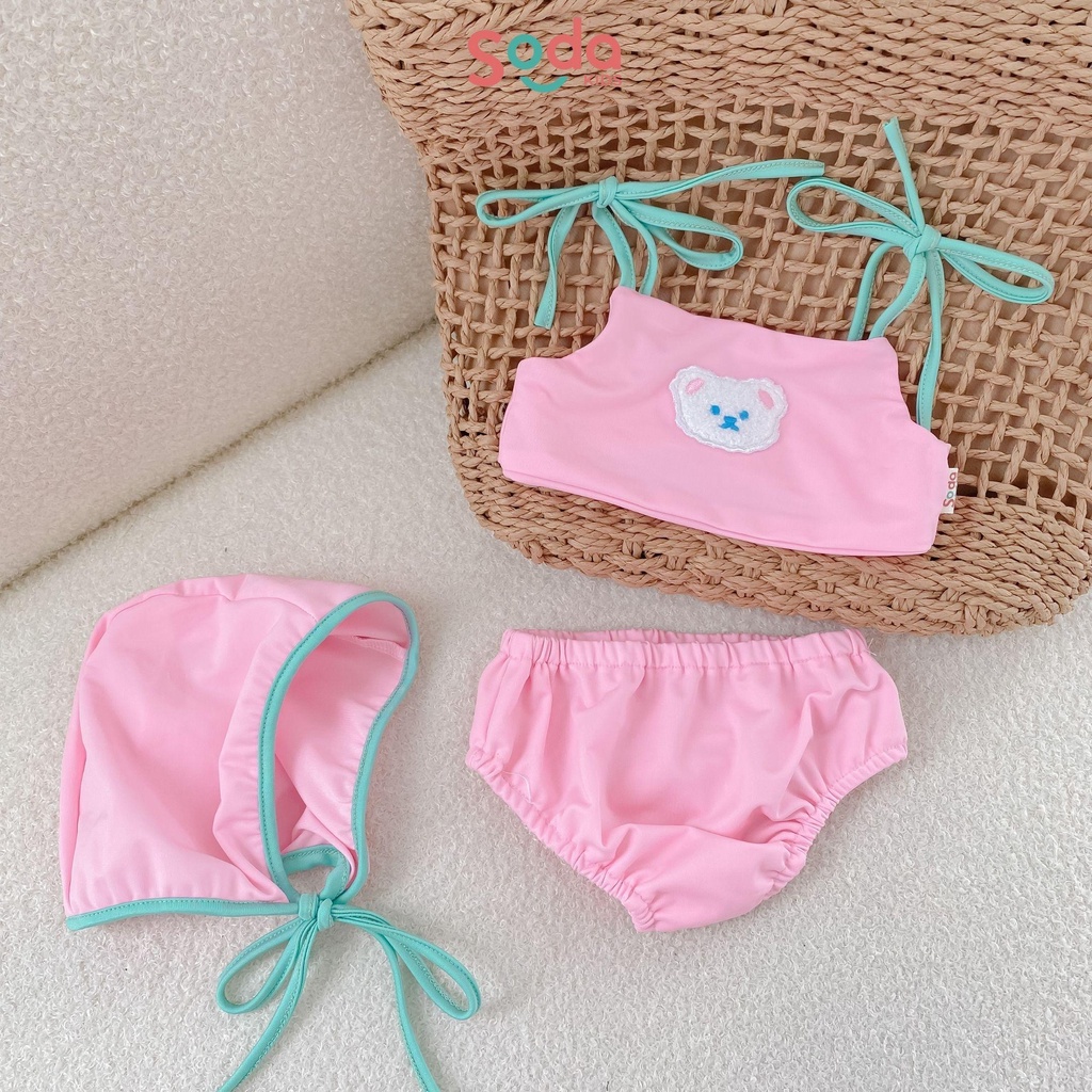 Đồ bơi bé gái 2 mảnh Little Bear SODA KIDS thêu gấu tặng kèm mũ bơi phong cách Hàn Quốc mềm nhẹ co dãn 4 chiều thoải mái