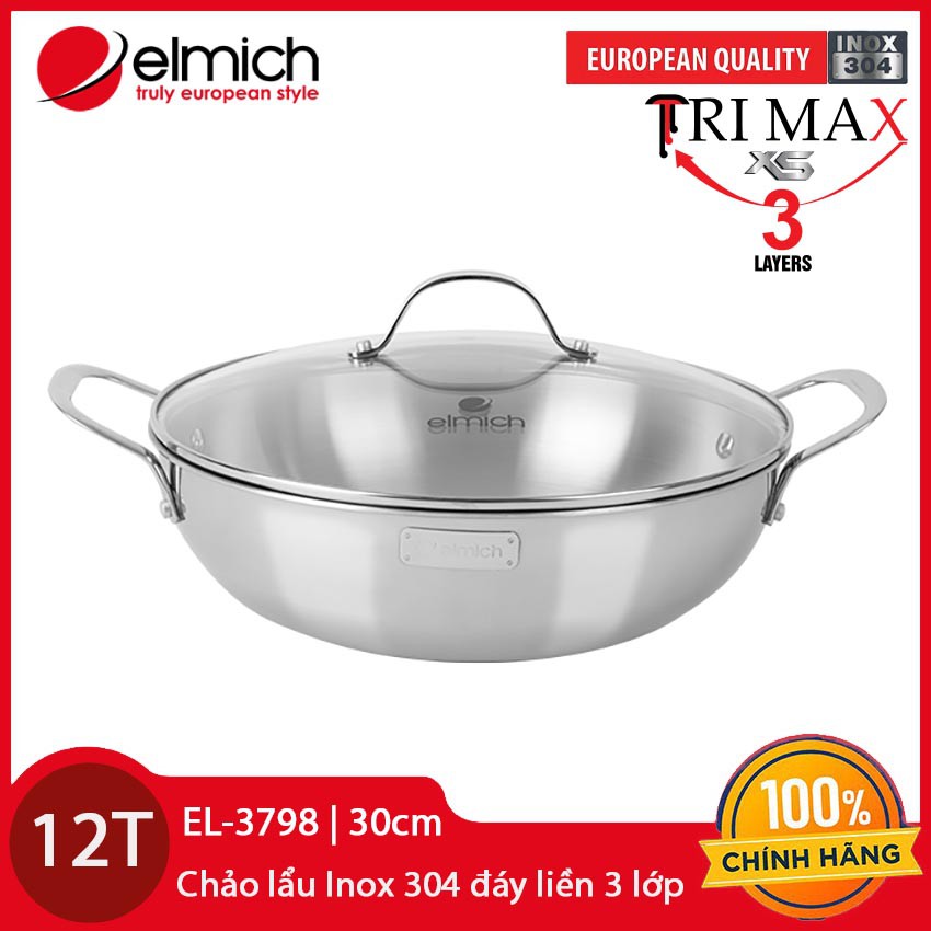 Chảo lẩu Inox 304 cao cấp 3 lớp đáy liền 30cm Elmich Tri-Max EL-3798 vung kính - Hàng chính hãng, bảo hành 12 tháng