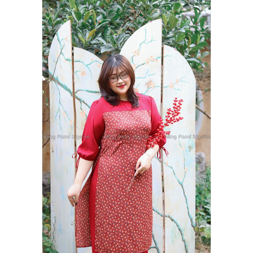Áo dài hoa phối, tay bo chun nơ kèm quần bigsize (AD06) ( size 60kg - 95kg ) [Hằng Fami bigsize]