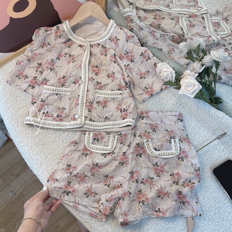SET ÁO HOA HỒNG VIỀN HẠT + QUẦN SHORT VIỀN