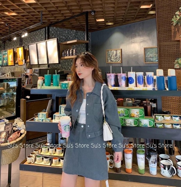 Tb  - Set áo khoác croptop chân váy Nhung tăm