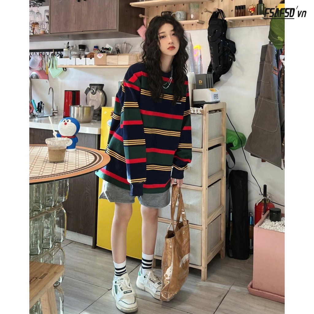 Áo Thun Tay Dài Dáng Rộng Họa Tiết Kẻ Sọc Phong Cách Retro Mỹ Thời Trang Cho Nữ