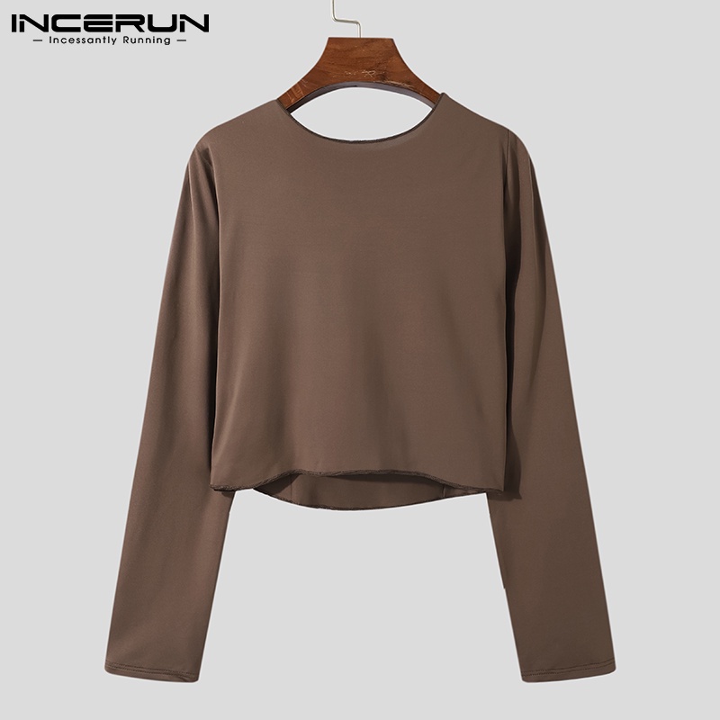 Áo thun INCERUN dáng ngắn co giãn khoét lỗ tay dài màu trơn đi chơi dành cho nam