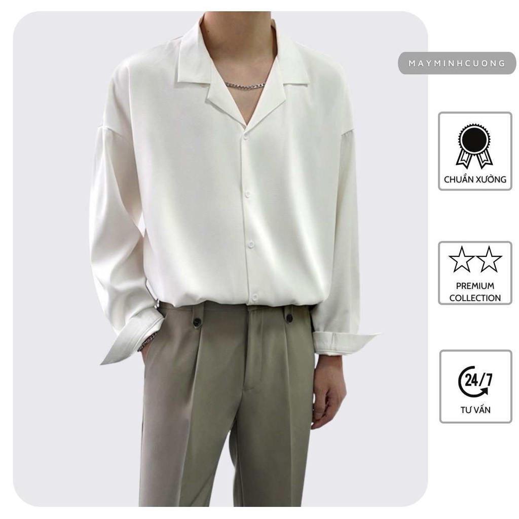 Áo sơ mi form rộng cổ vest tay dài dáng Unisex cả nam nữ Premium (đen, trắng) vải lụa học sinh - JS0102