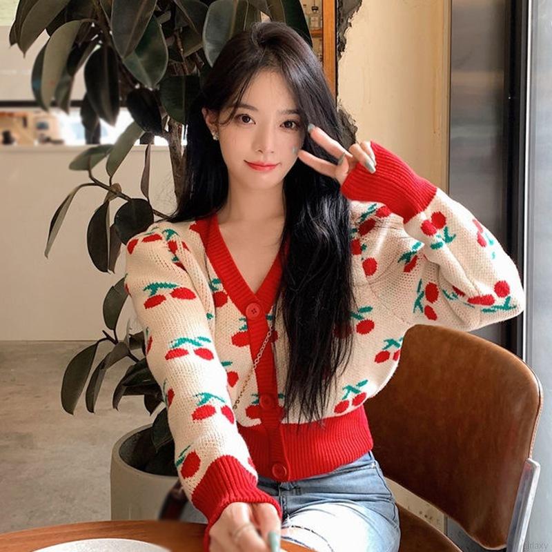 Áo len cổ chữ V tay dài in hình quả anh đào phong cách Hàn Quốc cổ điển cho nữ