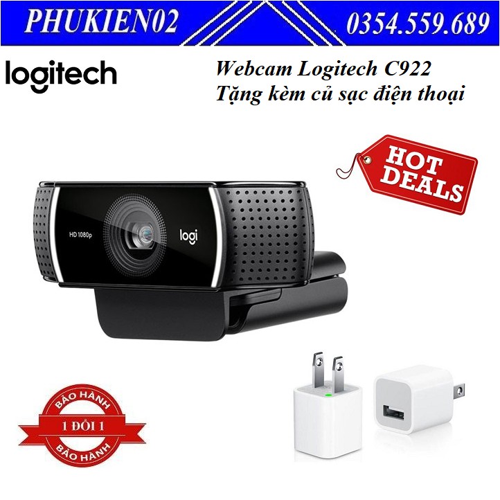 Webcam Logitech HD Webcam C922 Tặng kèm củ sạc điện thoại đa năng cao cấp - Hàng chính hãng