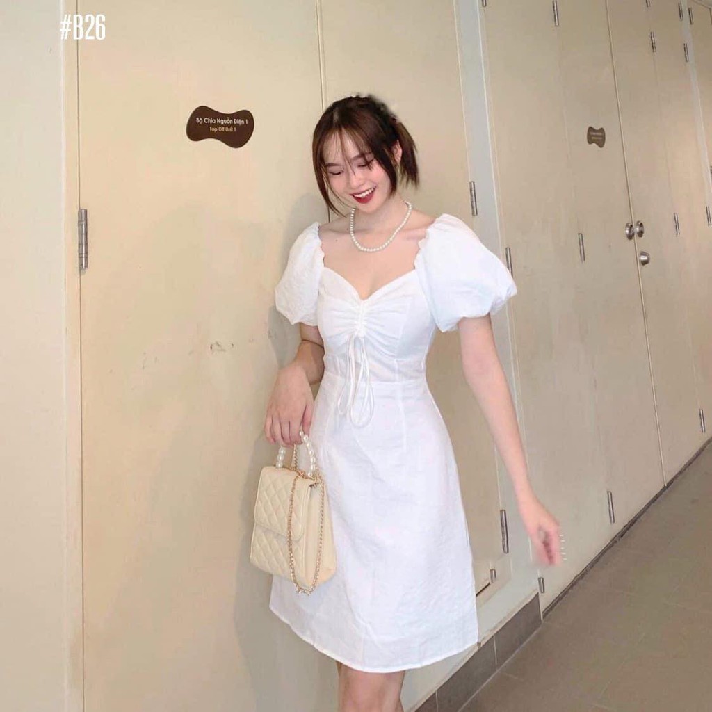 Đầm cổ vuông tay phồng rút dây ngực Lona Dress