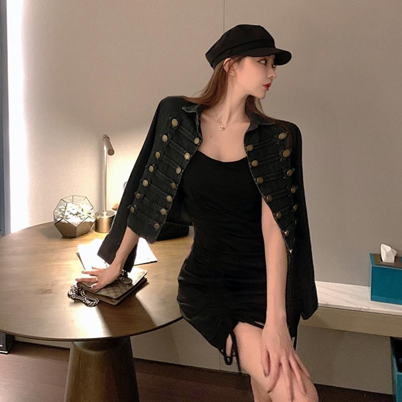 Áo khoác denim tay dài cổ đứng dáng ôm thời trang mùa thu 2020 cho nữ