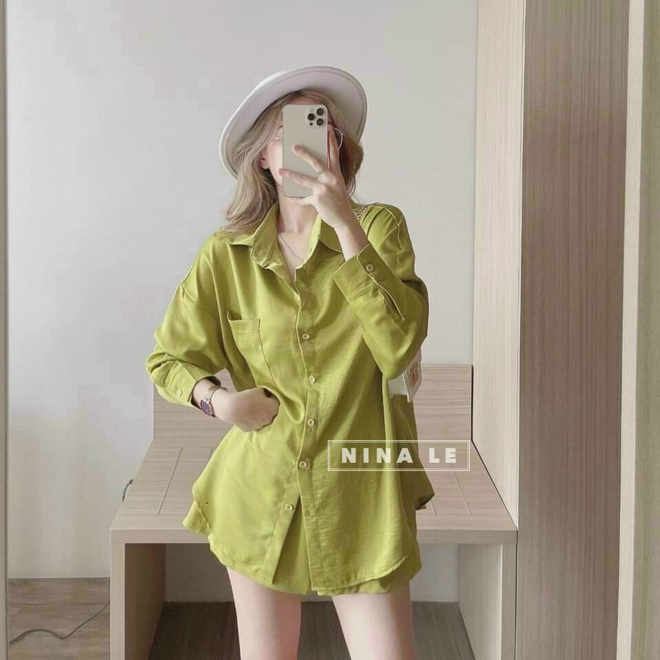 Sét bộ đồ nữ tuyết nhưng áo sơ mi tay dài kèm quần đùi trẻ trung sang trọng thanh lịch siêu xinh