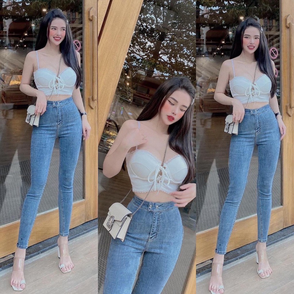 Quần Jean Nữ Lưng Cao ĐAI TRƠN PHỐI 2 CÚC GÀI siêu hot chất jean giãn tốt 0-1