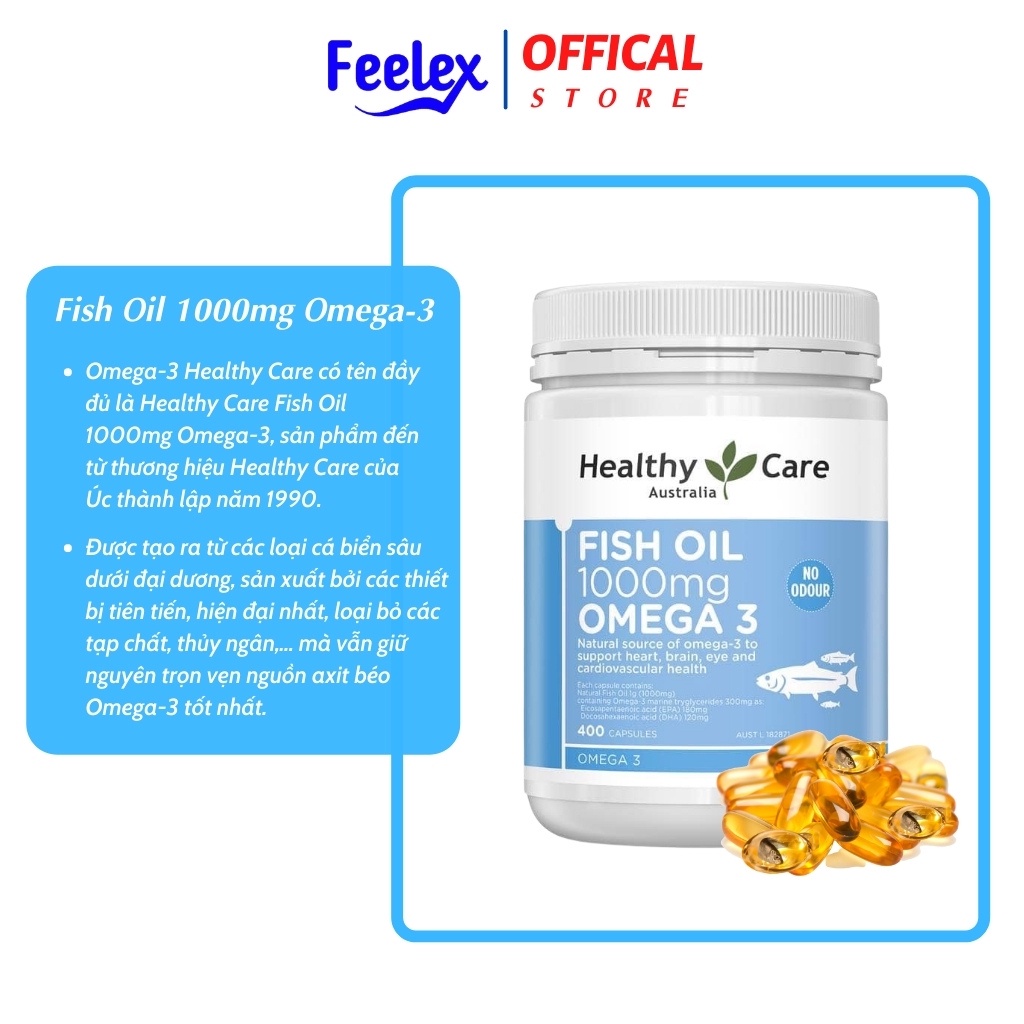 Viên uống dầu cá úc Healthy Care Fish Oil 1000mg Omega-3 cải thiện trí nhớ giúp sáng mắt &amp; tăng cường miễn dịch, lọ 400v