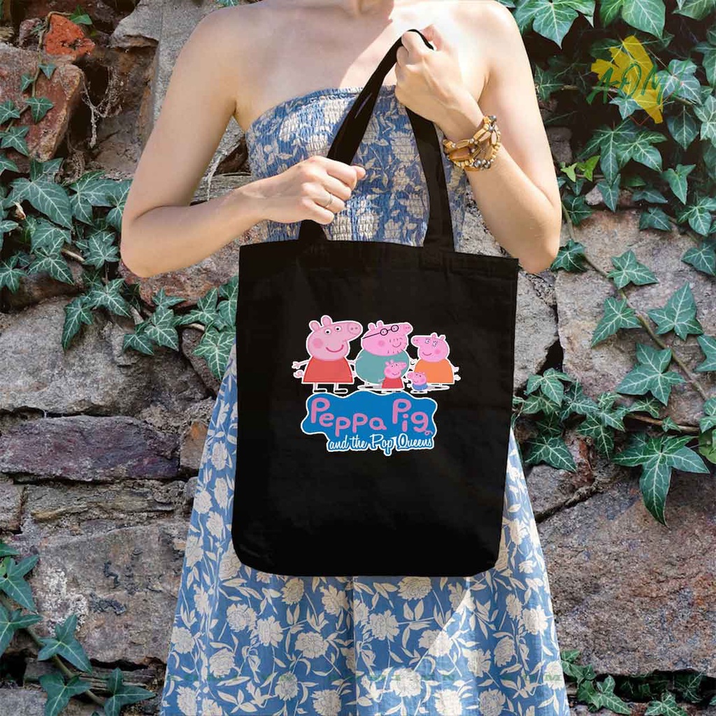 TOTE CANVAS heo peppa TÚI VẢI ĐEO VAI BAG CÓ KHÓA KÉO SIZE LỚN 33x38cm AOMIVN DU LỊCH DẠO PHỐ