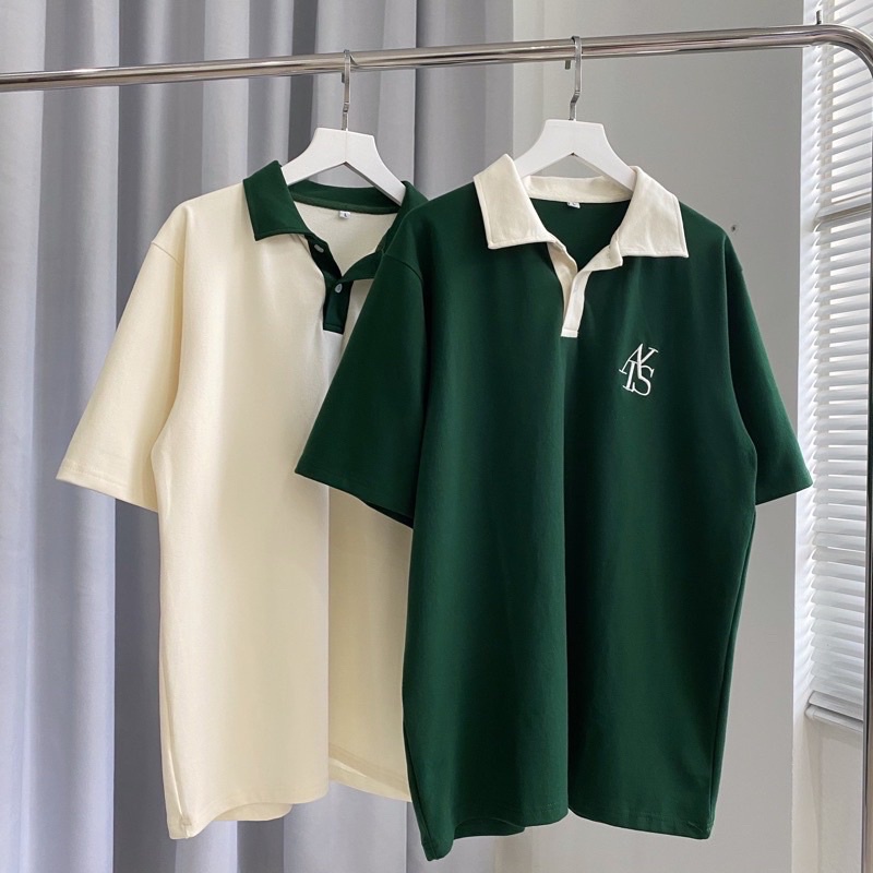 Áo polo freesize nam nữ chữ thêu ANIS Xanh Trắng