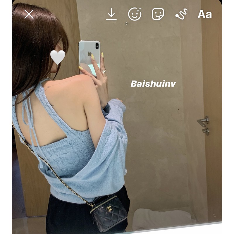 Set áo khoác cardigan dệt kim tay dài màu xanh nhạt chống nắng