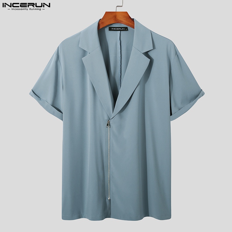 Áo sơ mi INCERUN tay ngắn màu trơn cổ bẻ phối khóa kéo thời trang mùa hè cho nam