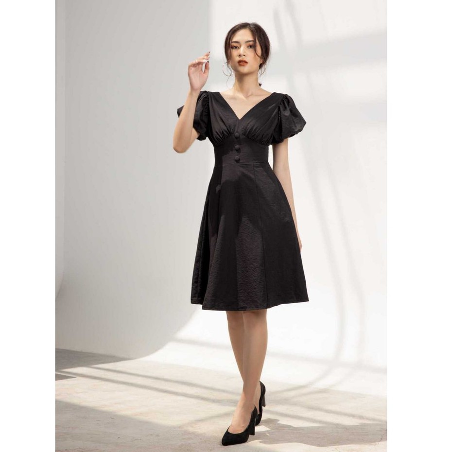 Đầm tay phồng nhún ngực chất linen thời trang- 2 màu Trắng, Đen