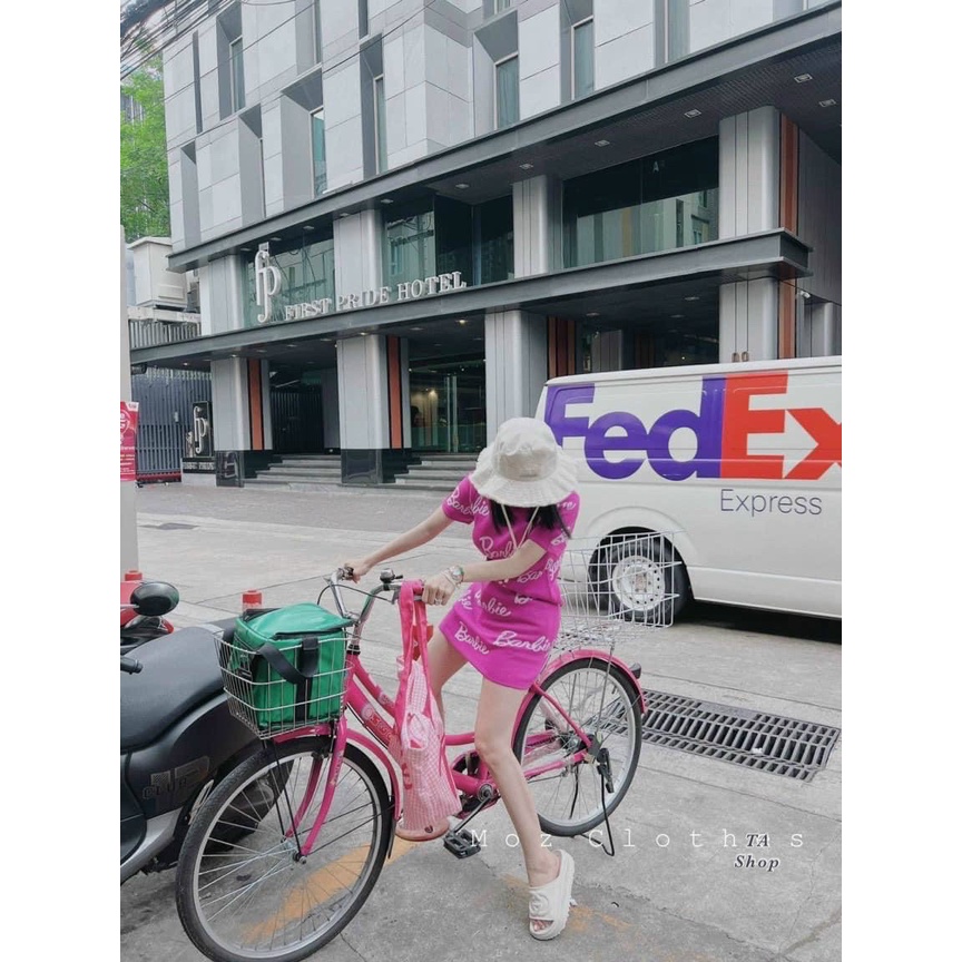 Váy Suông Tay Lỡ Đầm Dài Họa Tiết chữ Barbie 4 Màu Chất Cotton Thoáng Mát