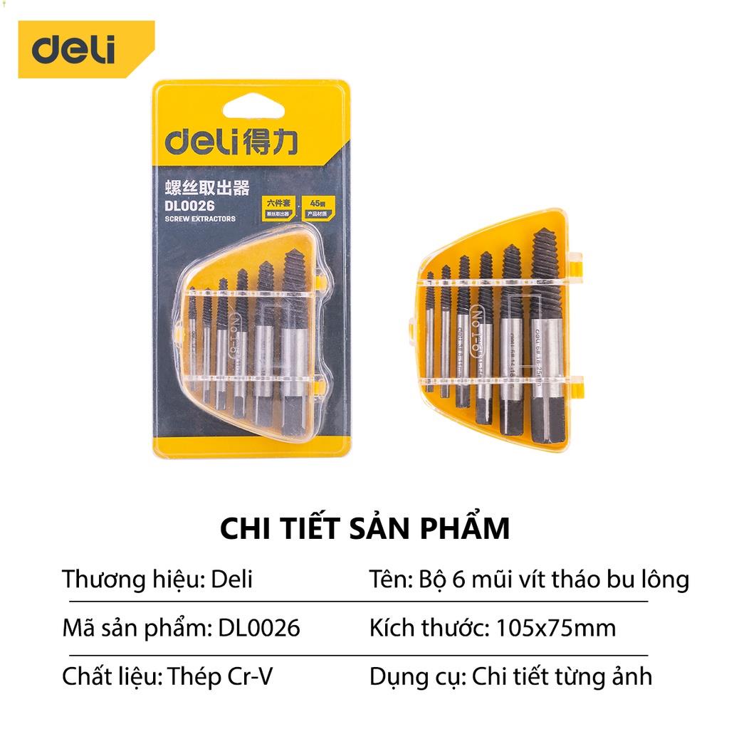 Bộ Mũi Vít Deli Nhổ Ốc Gãy, Tháo Bu Lông 6 Đầu Vít - Chất Liệu Thép CR-V Chống Mòn Gỉ - Dễ Dàng Sử Dụng - DL0026 .