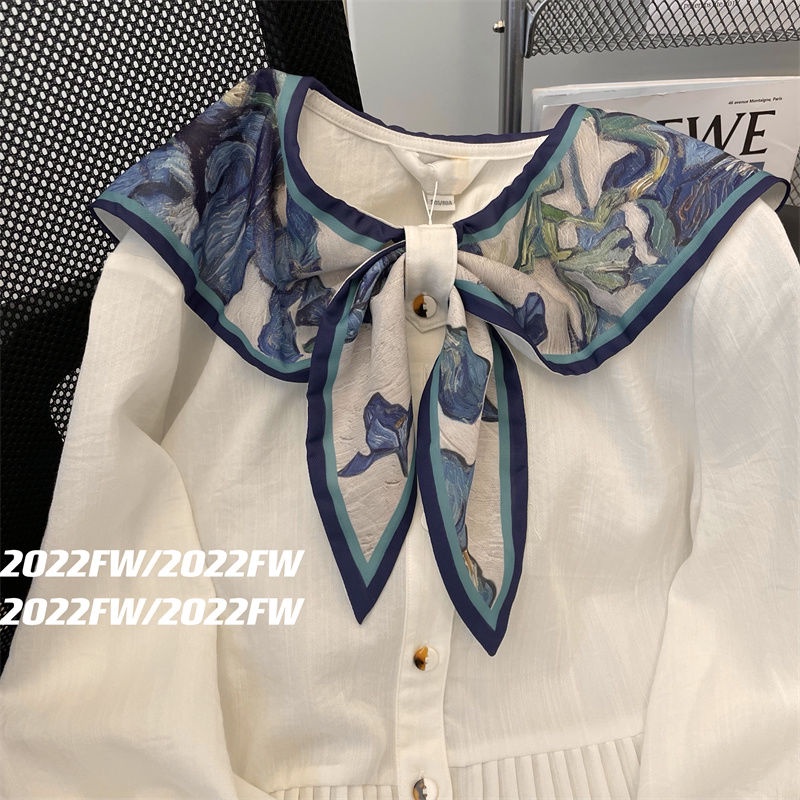 Áo kiểu màu trắng tay dài cổ màu xanh hải quân phong cách Pháp thời trang mùa xuân 2022