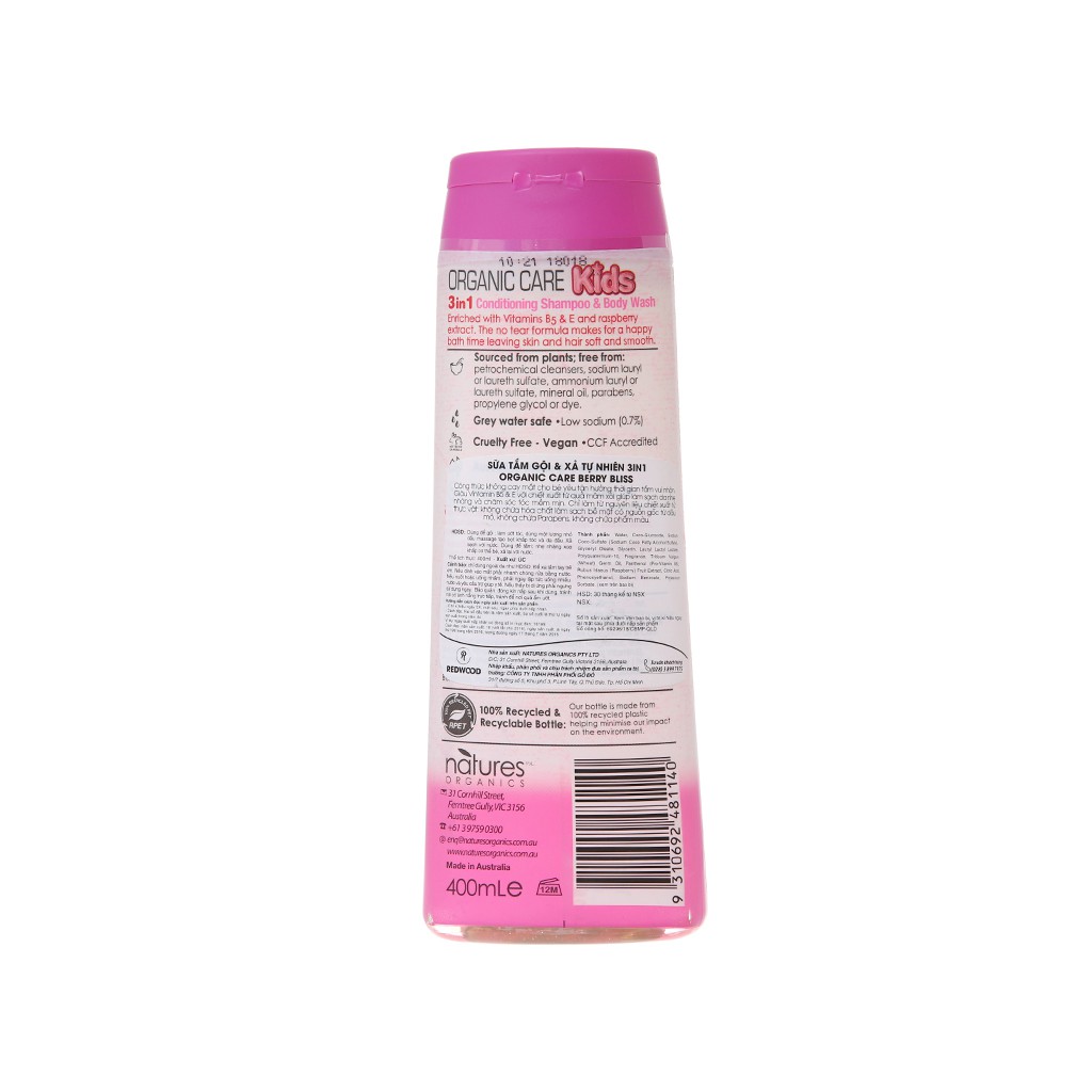 Sữa tắm gội cho bé và xả Organic Care Berry Bliss 400ml