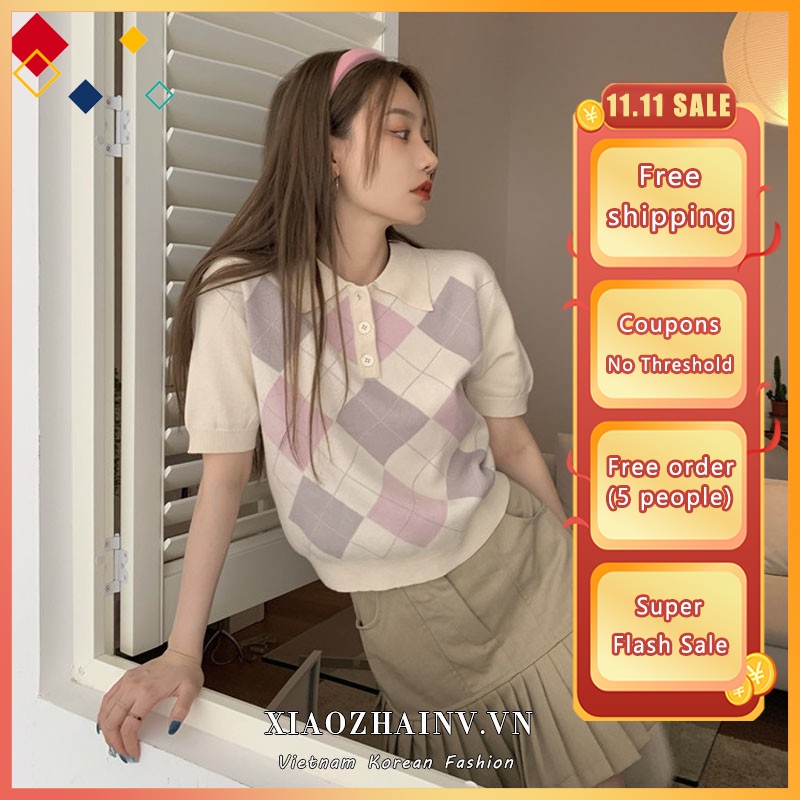 Xiaozhainv Áo Thun Polo Ngắn Tay Họa Tiết Sọc Caro Phong Cách Retro Hàn Quốc Có 2 Màu | BigBuy360 - bigbuy360.vn
