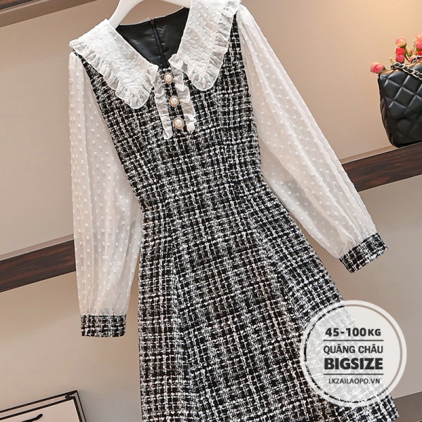 BIGSIZE Nữ (45-100kg) Đầm kẻ sọc caro ngắn dáng Ôm Phối voan trắng đen cổ bèo Thiết kế nút tay dài mùa thu - ulzzang Váy Phong cách Hàn Quốc vintage - đi dự tiệc - đi đám cưới - quảng châu cao cấp
